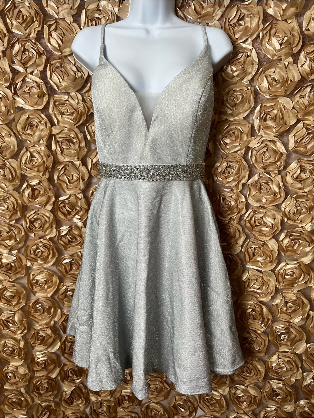 Elegant Silver Spaghetti-Strap Party Dress with Beaded Waist🚨NEW WITHOUT TAS🚨